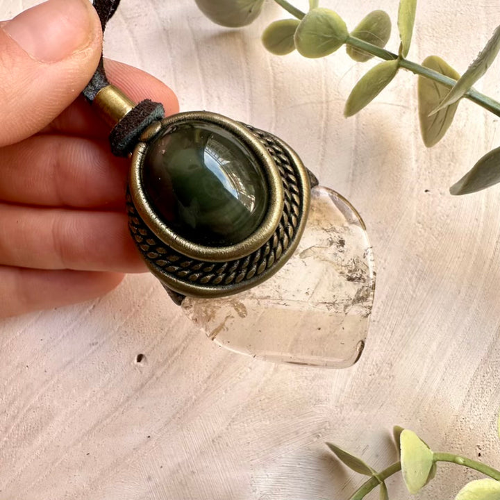 One of a kind citrine and rainbow obsidian pendant necklace