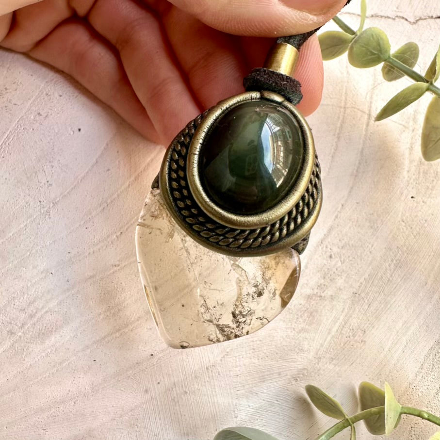 Polished natural citrine and rainbow obsidian necklace, handmade unisex pendant