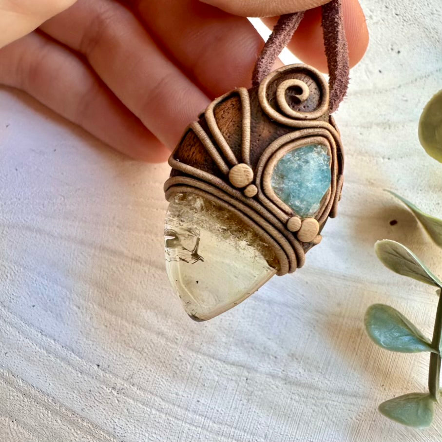 Polished citrine and raw aquamarine pendant necklace, handmade crystal jewelry