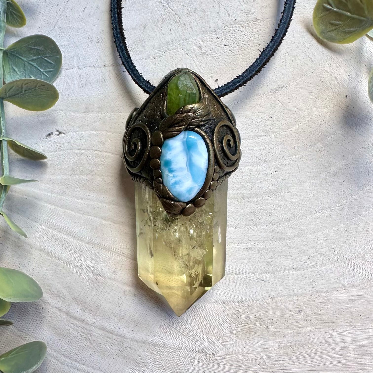 Handmade crystal wand necklace with citrine peridot and larimar