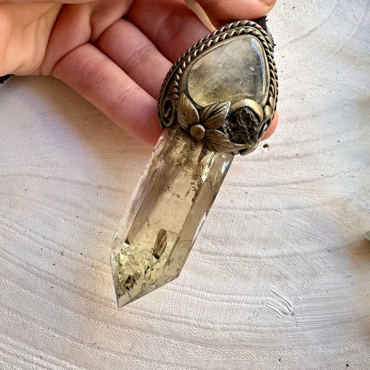 Polished citrine with topaz and moldavite crystal wand pendant necklace