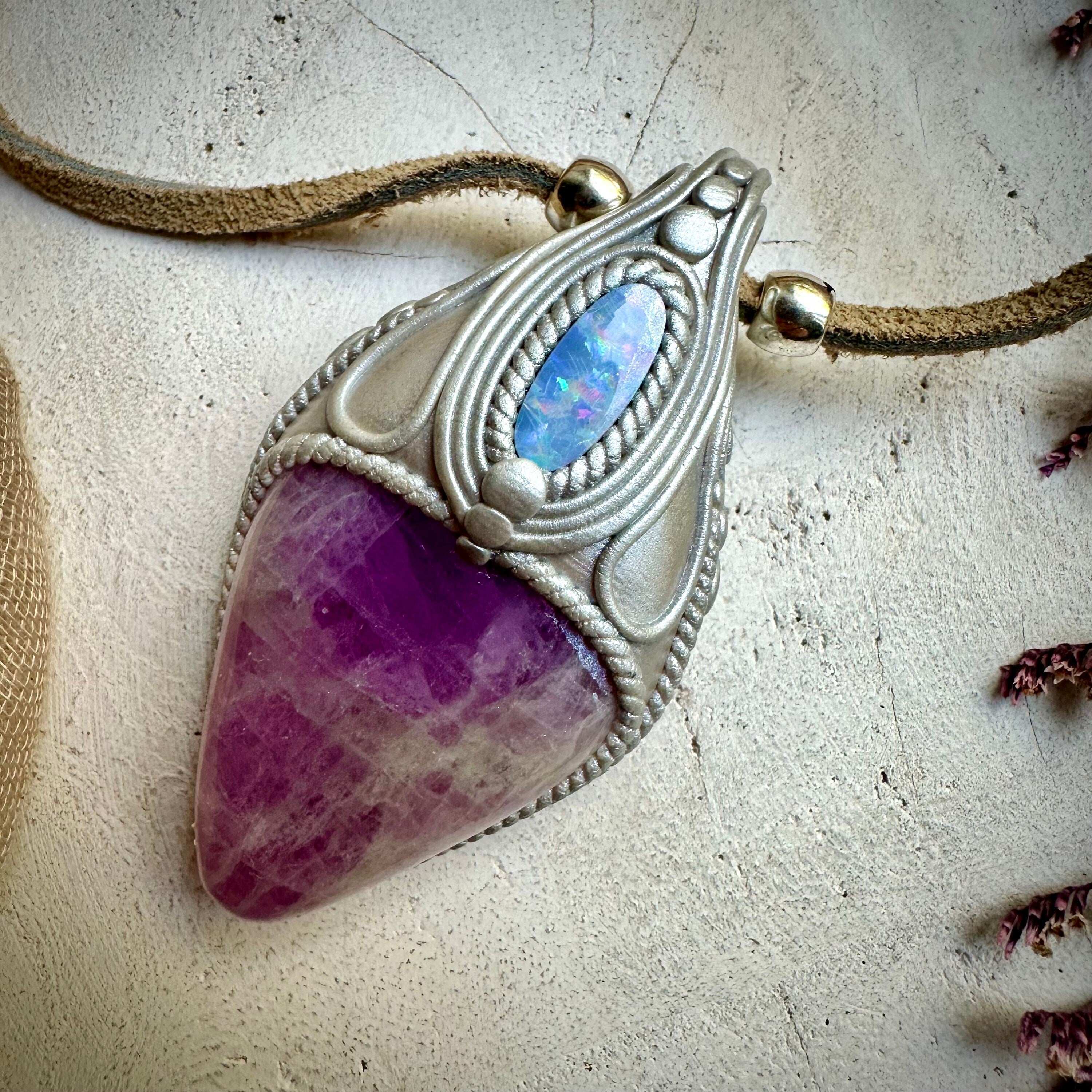 Kunzite and Australian Opal Necklace - FairyGardenGlow