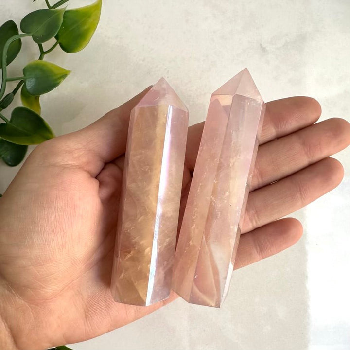 Angel Aura Rose Quartz Tower – Polished Aura Rose Quartz Crystal Point for Love, Peace & Emotional Healing - FairyGardenGlow
