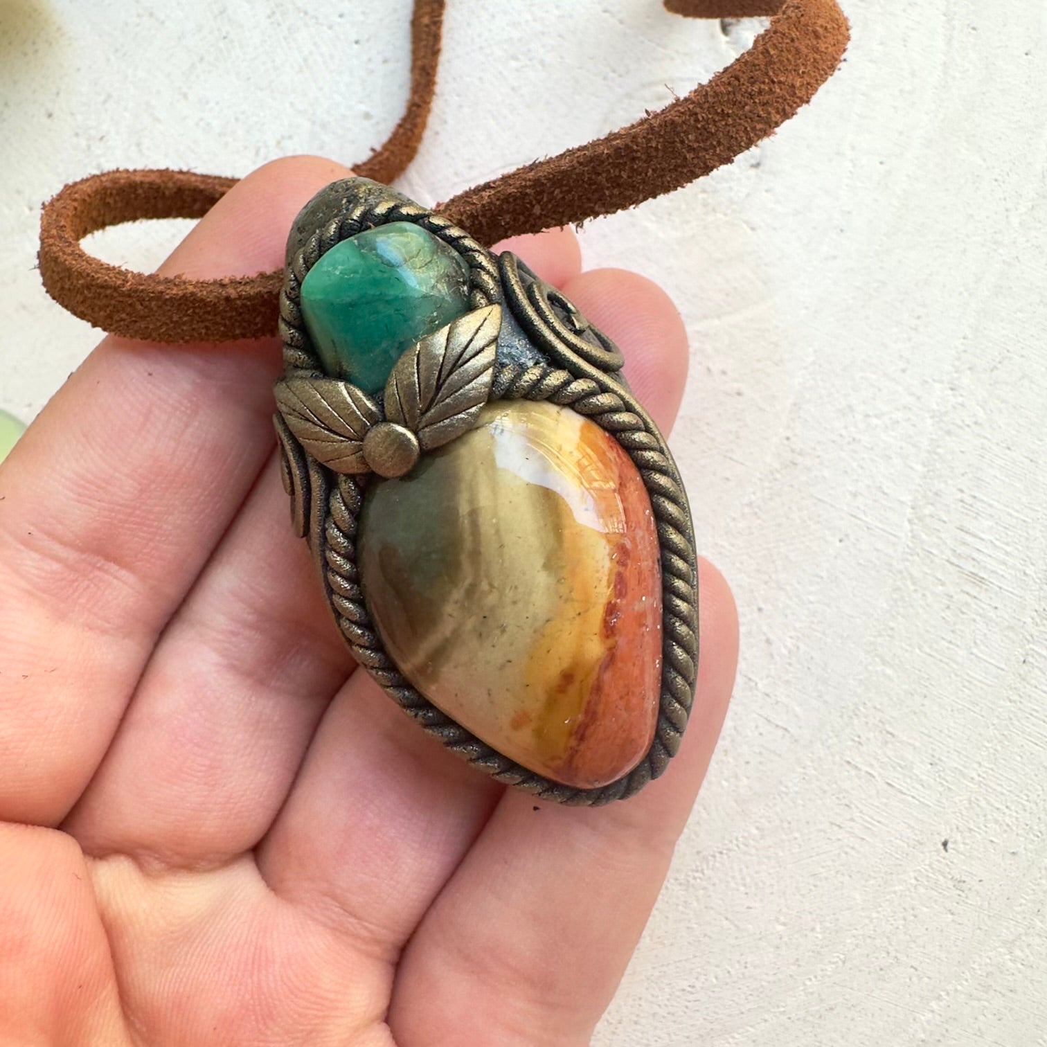 Polychrome Jasper and Emerald necklace handmade with natural gemstones