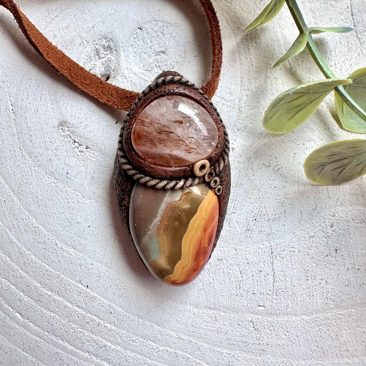 Handmade Polychrome Jasper and Hematite Quartz pendant necklace with genuine natural gemstones.