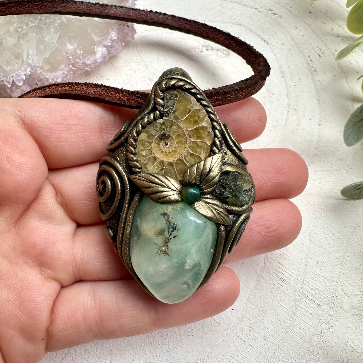 Prehnite with ammonite raw moldavite and black Ethiopian opal pendant necklace