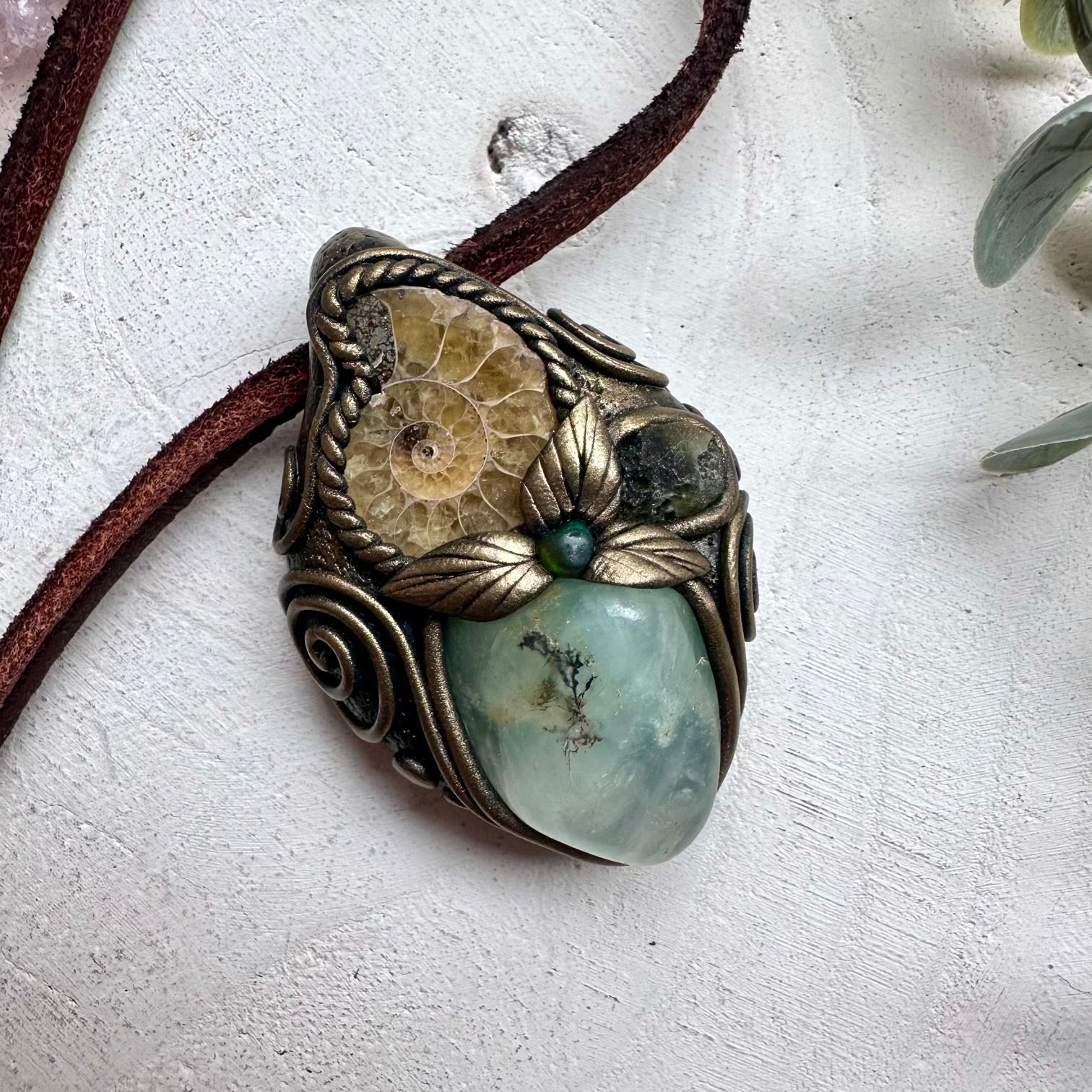 Handmade necklace with prehnite ammonite moldavite and opal