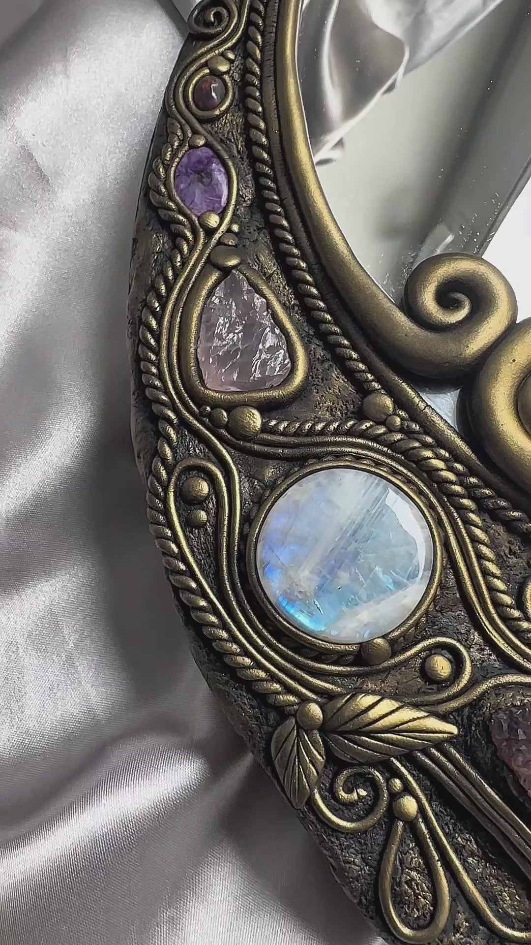 One-of-a-kind crystal mirror featuring Labradorite , Azurite and other crystals