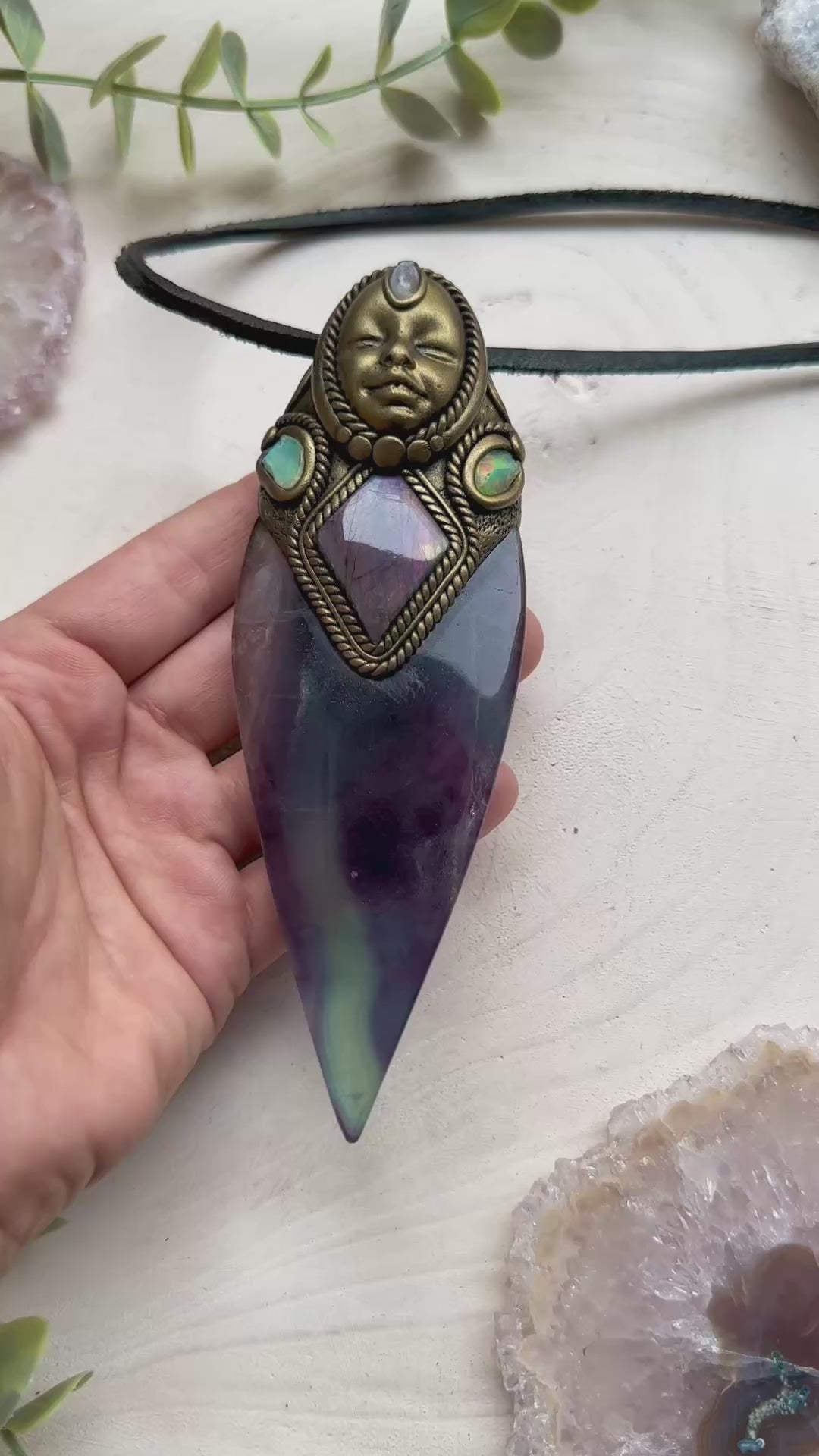 Healing crystal pendant with rainbow fluorite and opal