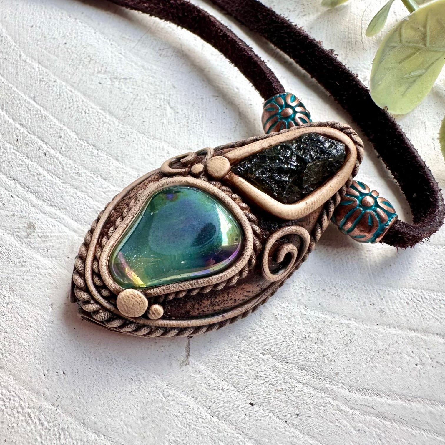 Unisex gemstone jewelry featuring natural Aqua Aura Quartz and Moldavite.