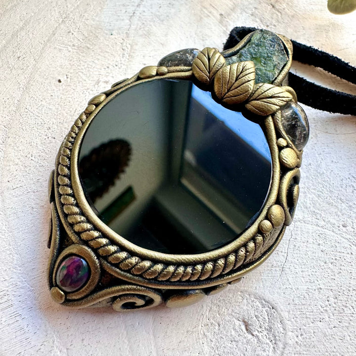 Handmade crystal talisman designed with natural Black Obsidian, Moldavite and colorful gemstone details.