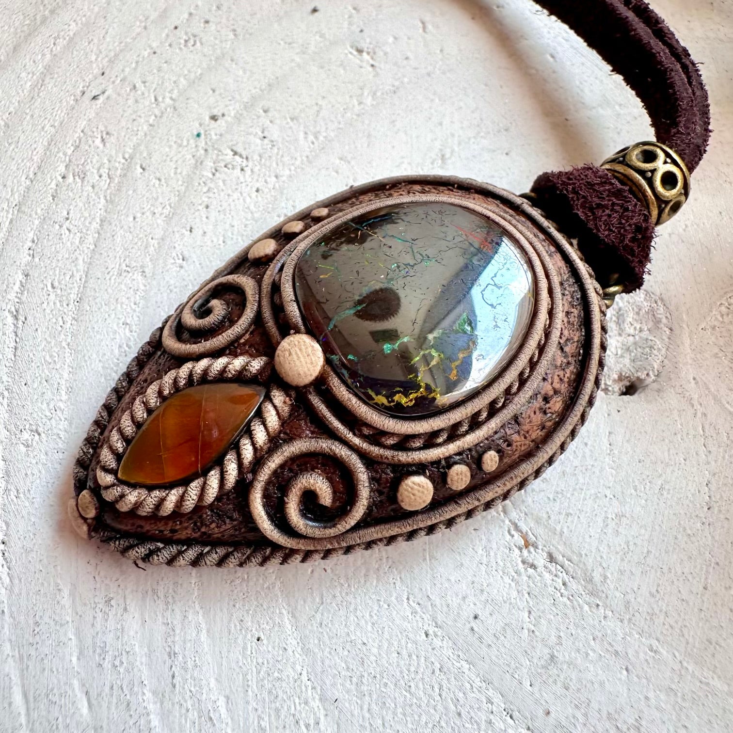 Handmade Boulder Opal and Ammolite necklace crafted with genuine natural gemstones.