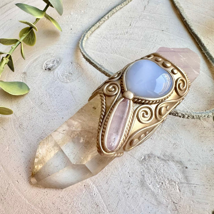 Crystal healing wand with blue chalcedony kunzite and fluorite