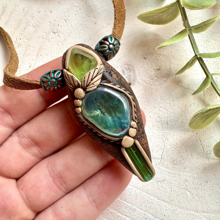 One of a kind crystal talisman necklace with Aqua Aura Quartz Peridot and Green Tourmaline