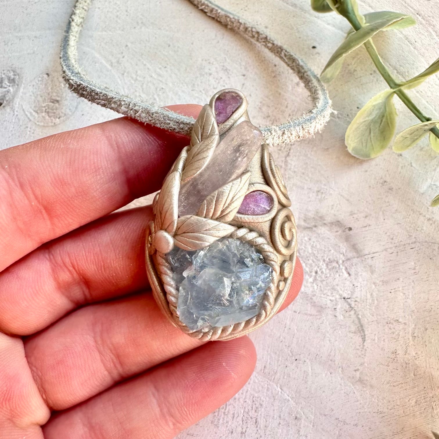 Protection amulet crystal necklace with raw celestite and pink tourmaline gemstones