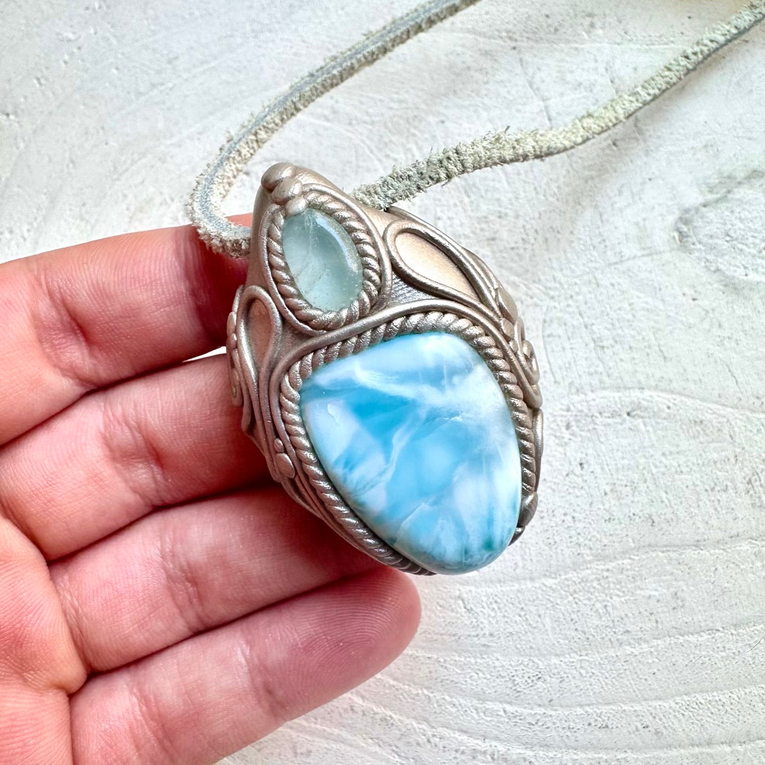 Handmade gemstone necklace larimar and blue topaz spiritual jewelry