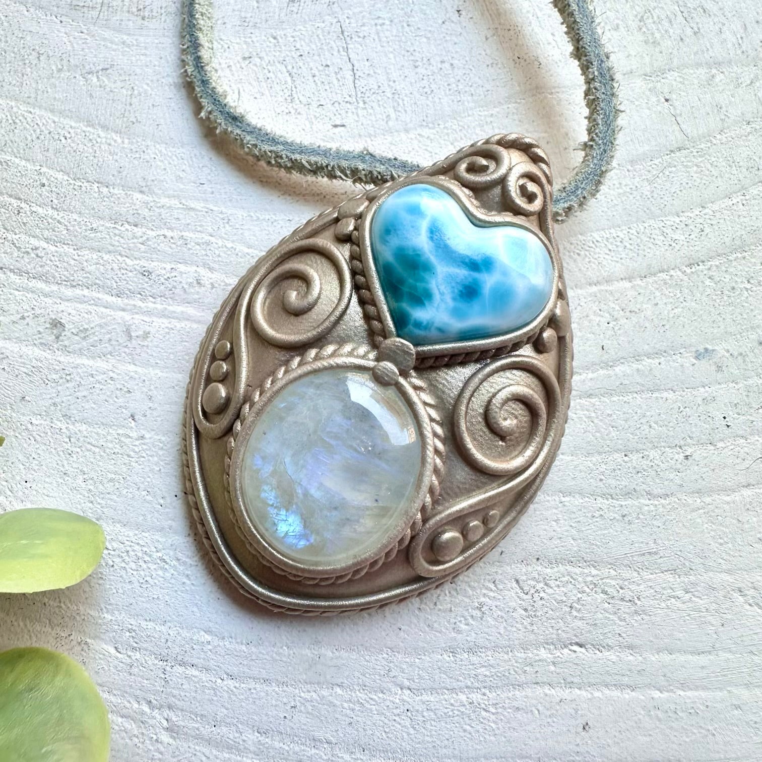 Protection amulet crystal necklace with larimar heart and moonstone gemstones