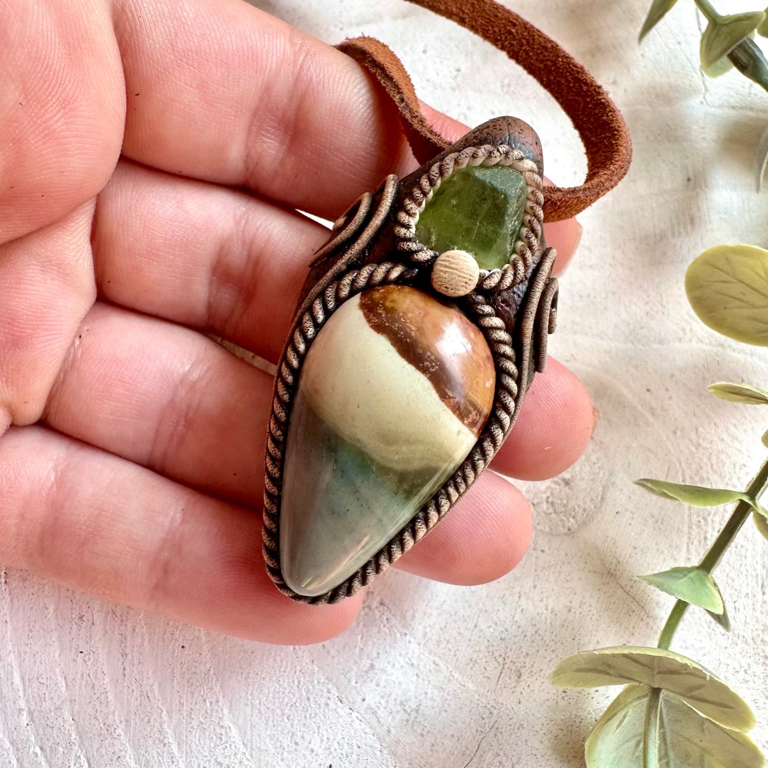 Handmade unisex Polychrome Jasper and Peridot pendant necklace