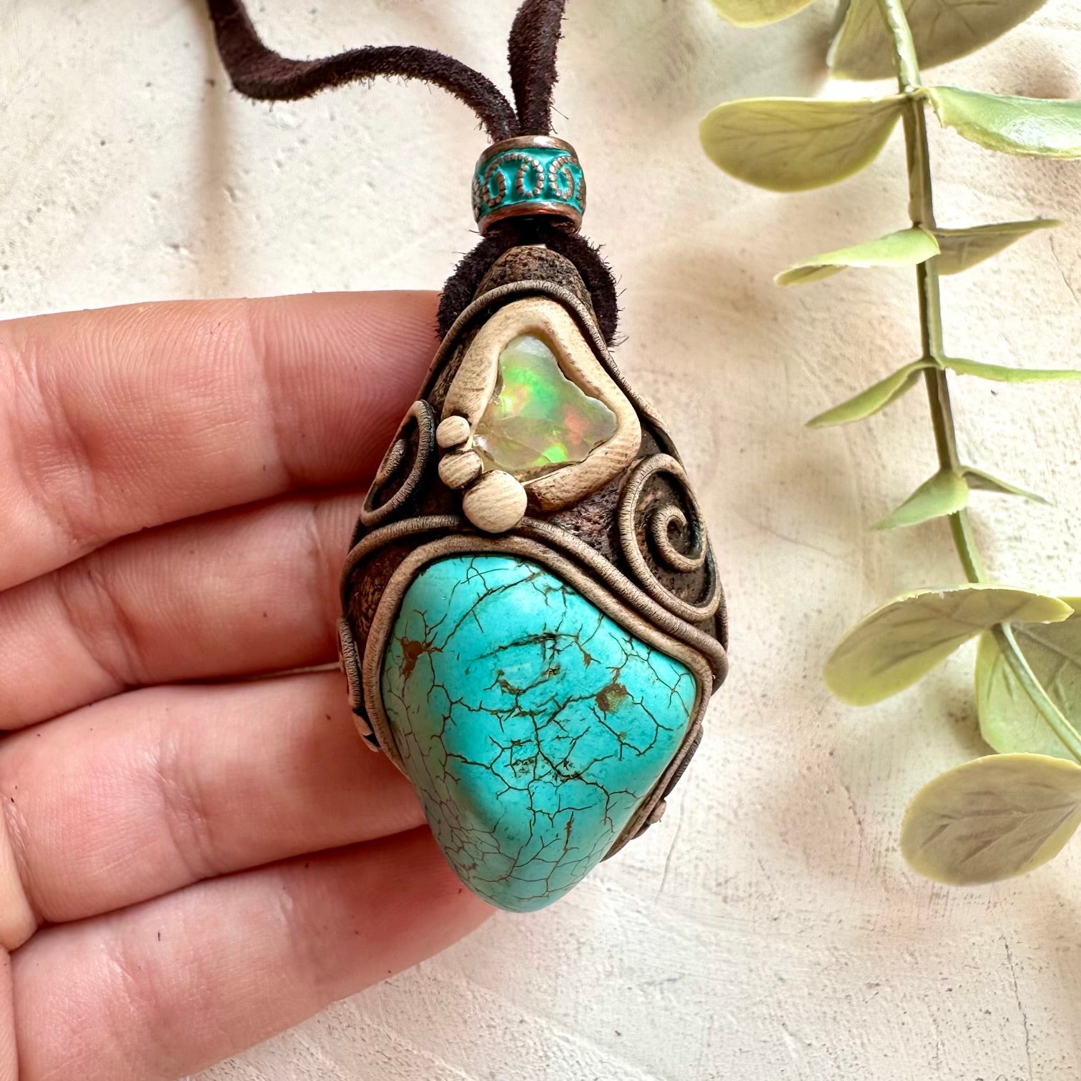 One of a kind handmade crystal pendant with turquoise and raw ethiopian opal crystals