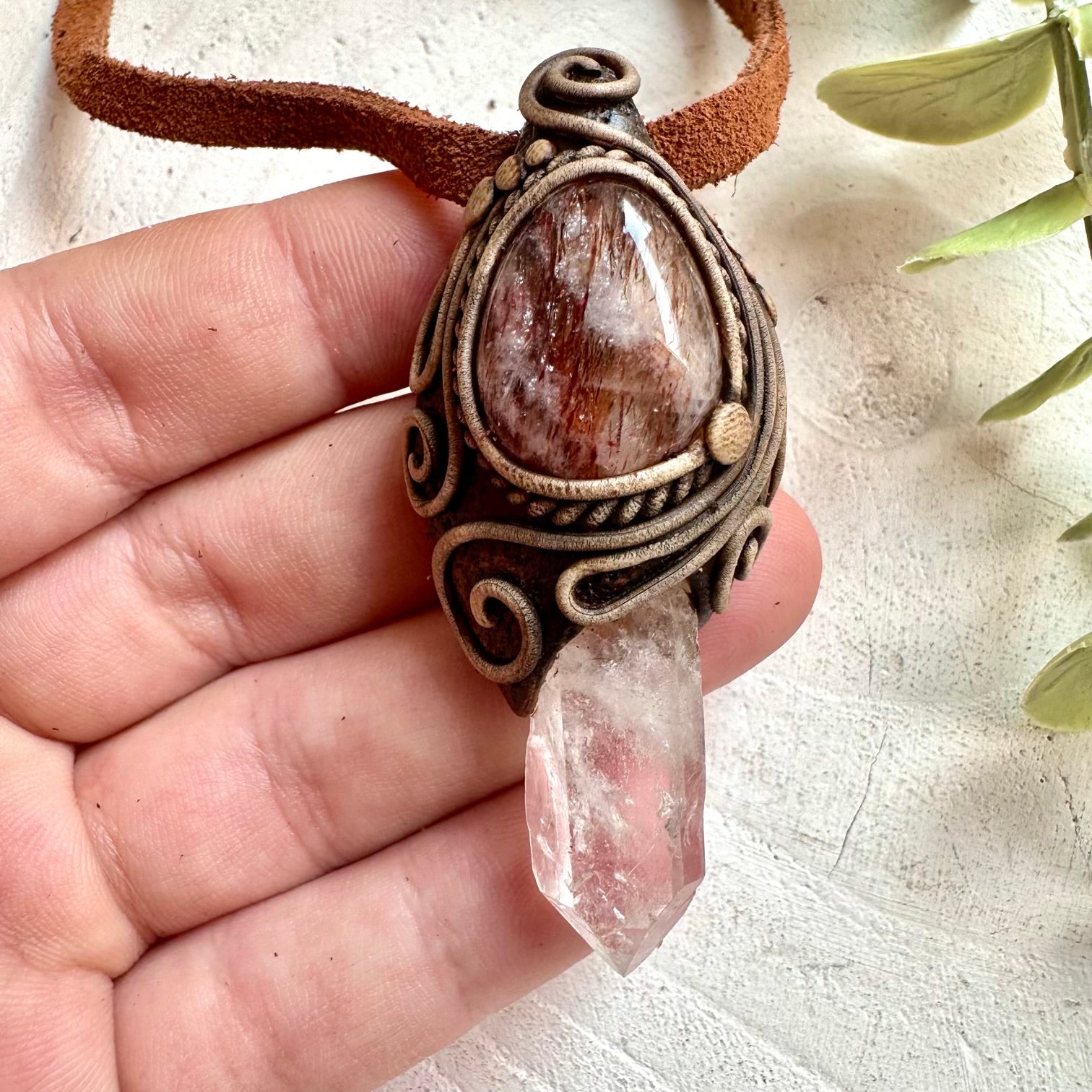Protection amulet necklace with Clear Quartz and Red Quartz healing crystals