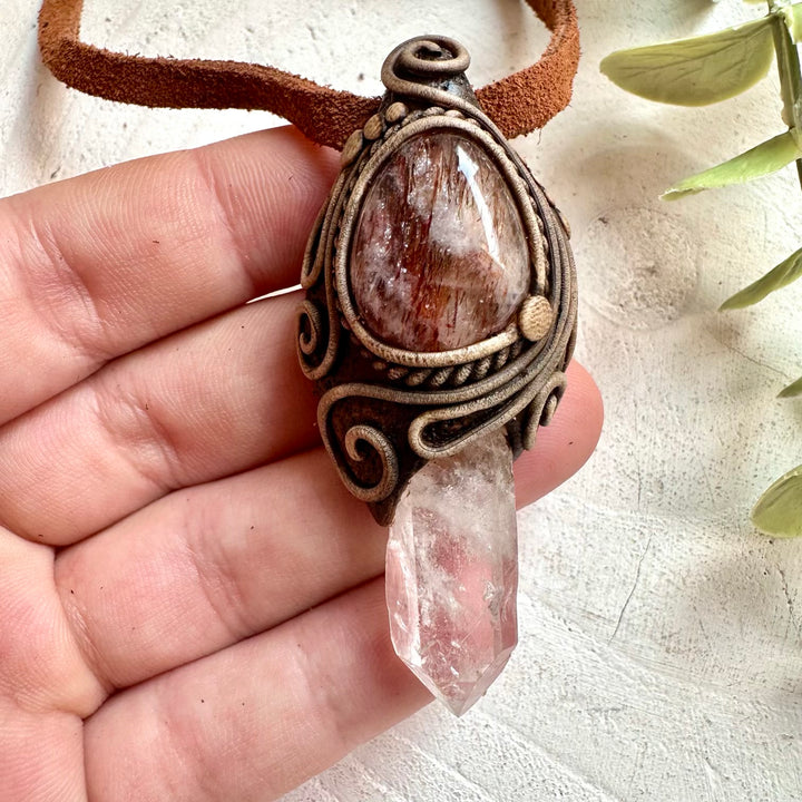 Protection amulet necklace with Clear Quartz and Red Quartz healing crystals
