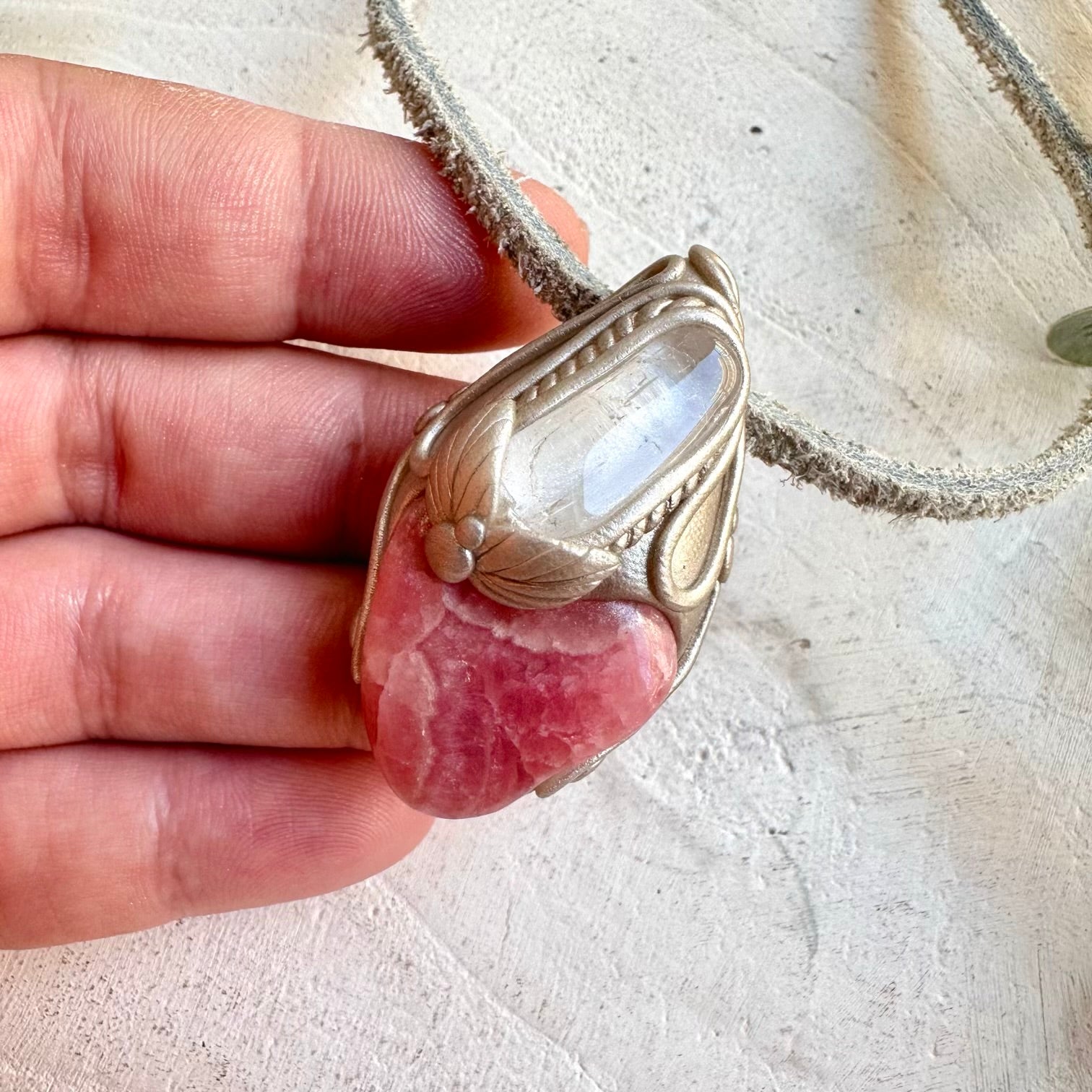 Handmade unique healing crystal pendant with rhodochrosite and danburite gems