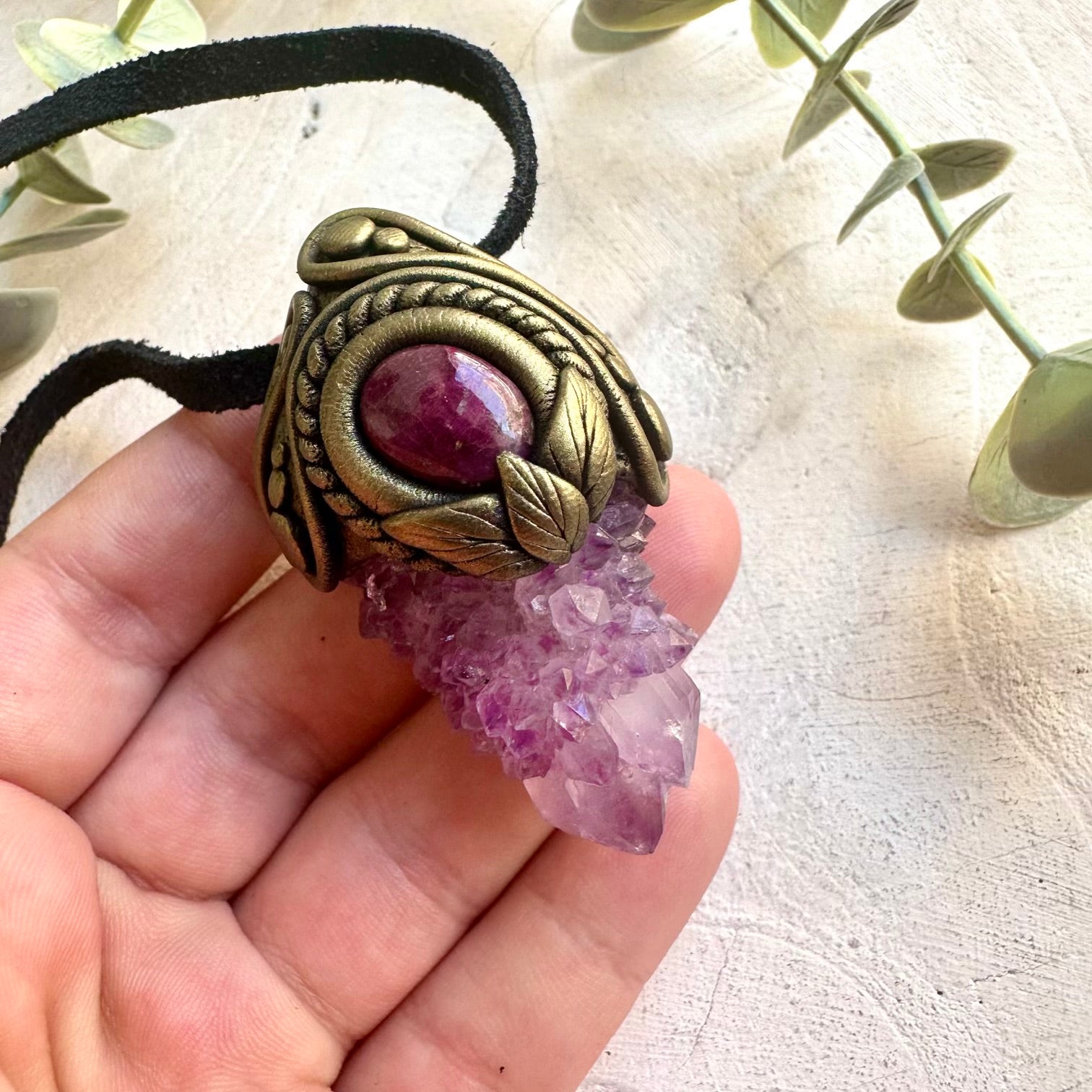 Crystal talisman necklace made with genuine Spirit Quartz and Ruby crystal energy.