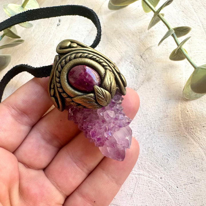 Crystal talisman necklace made with genuine Spirit Quartz and Ruby crystal energy.
