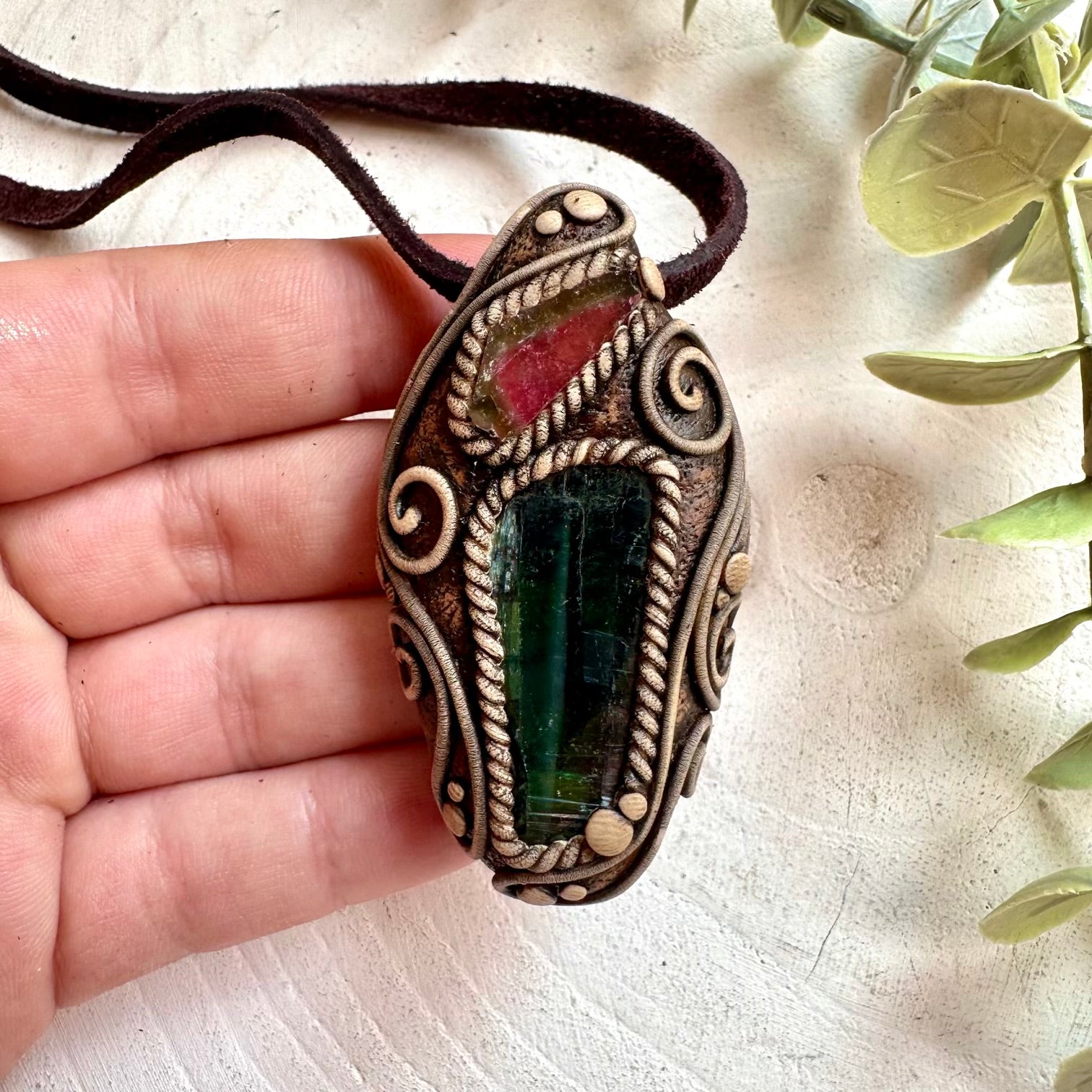 Vivianite and Watermelon Tourmaline crystal jewelry