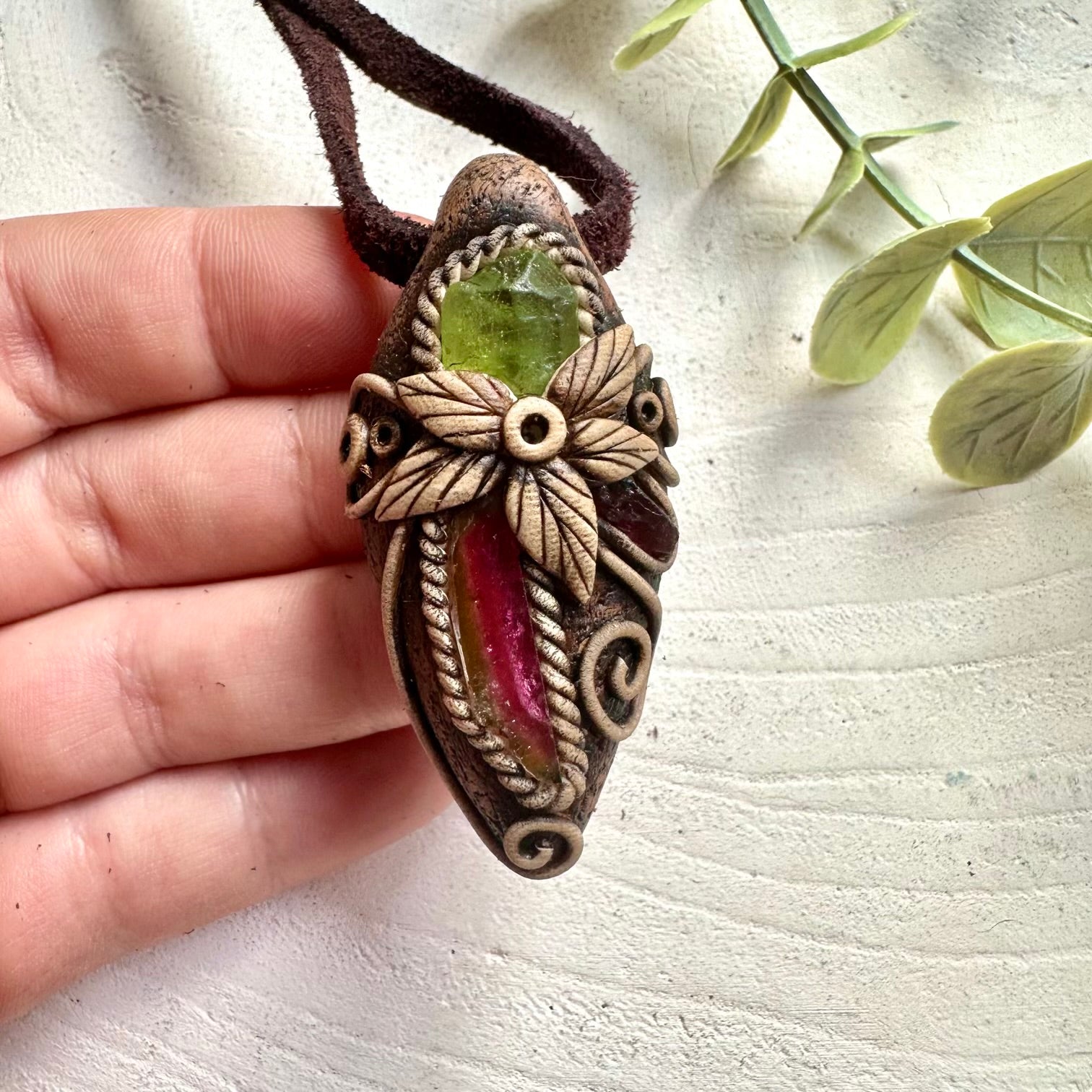 One of a kind crystal pendant handcrafted with Watermelon Tourmaline and colorful healing gemstones.