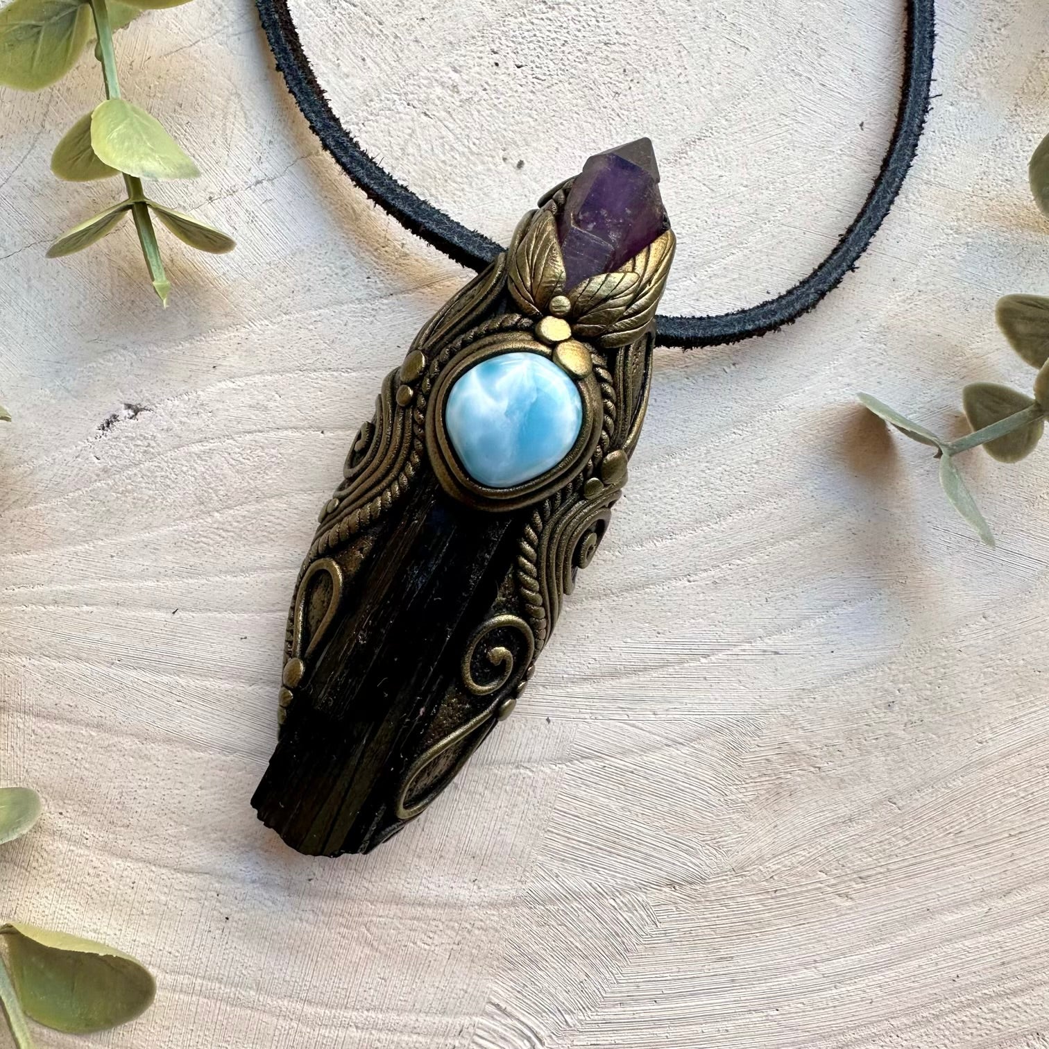 One of a kind tourmaline amethyst and larimar gemstone necklace