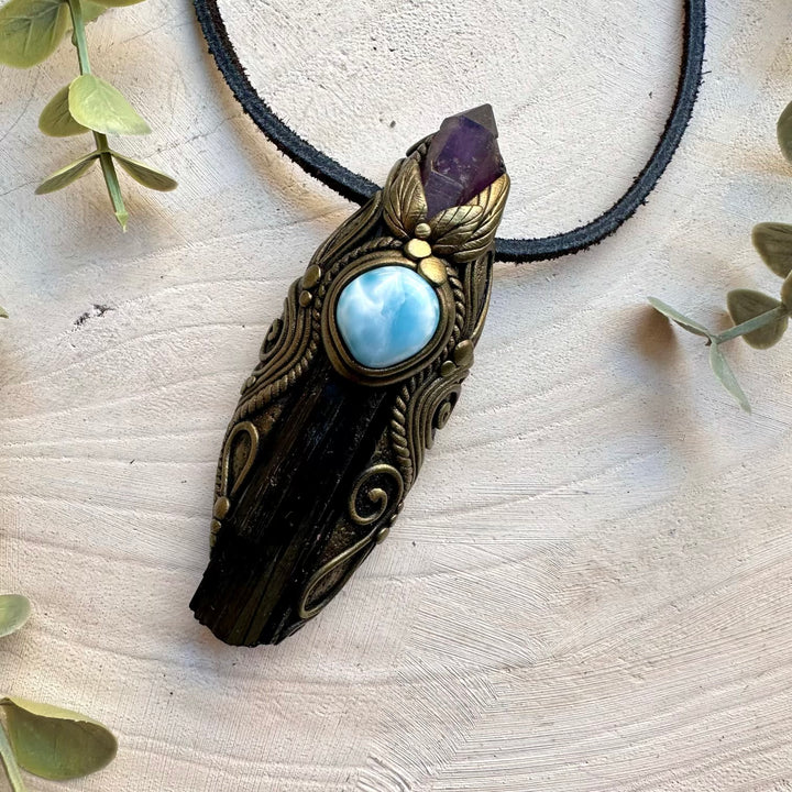 One of a kind tourmaline amethyst and larimar gemstone necklace