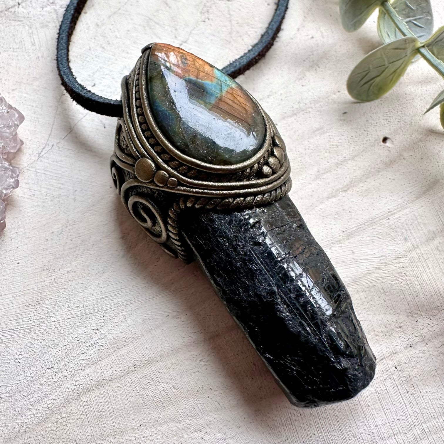 One of a kind black tourmaline and labradorite gemstone necklace