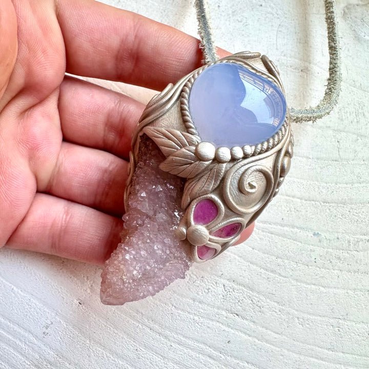 Protection amulet crystal necklace with spirit quartz blue chalcedony and pink tourmaline