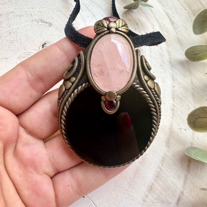 Scrying mirror crystal necklace handmade with natural gemstones