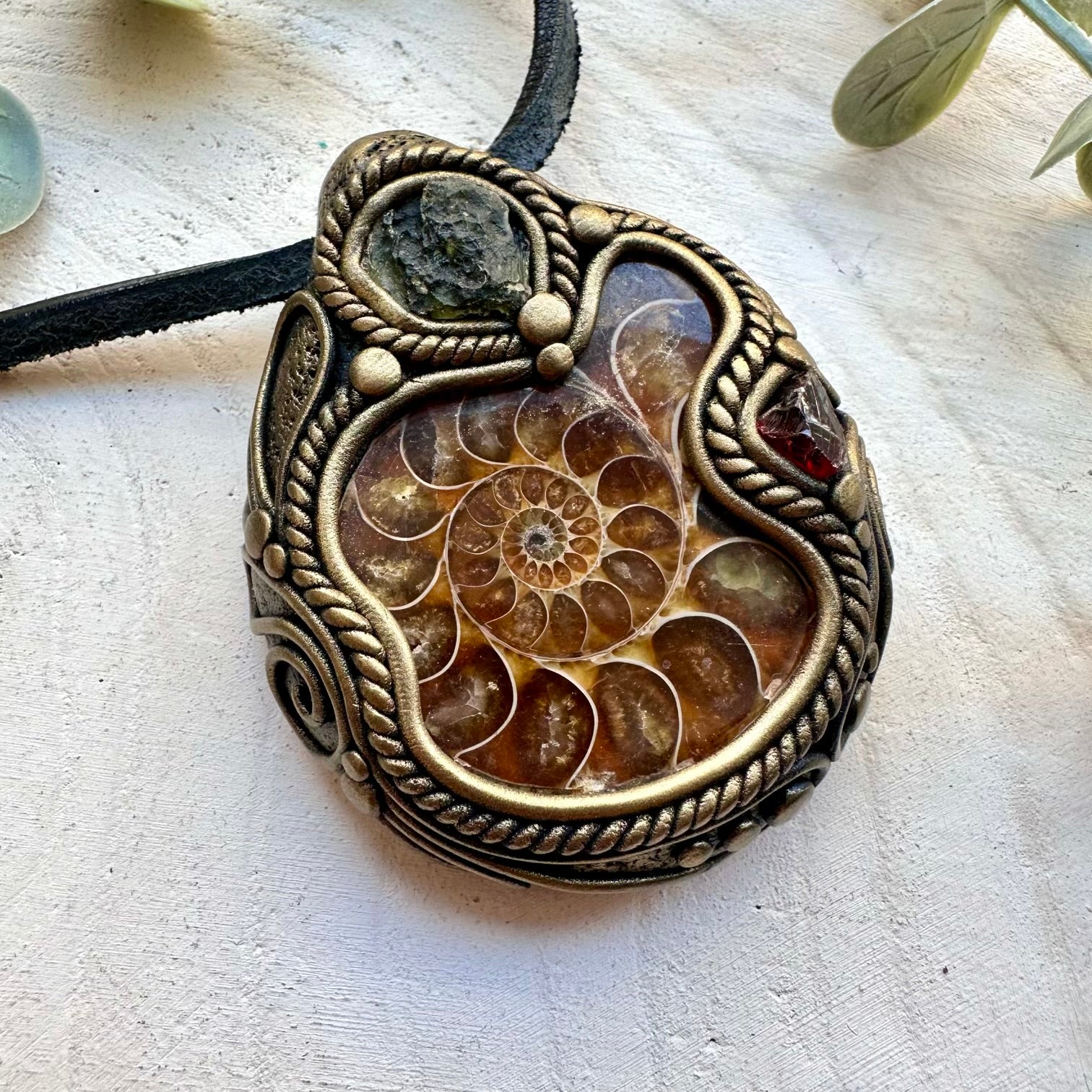 Natural gemstone necklace with ammonite moldavite and garnet