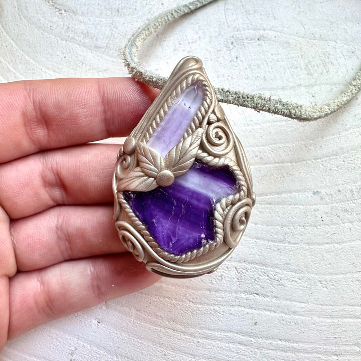 Protection amulet crystal necklace with purple fluorite and amethyst gemstones
