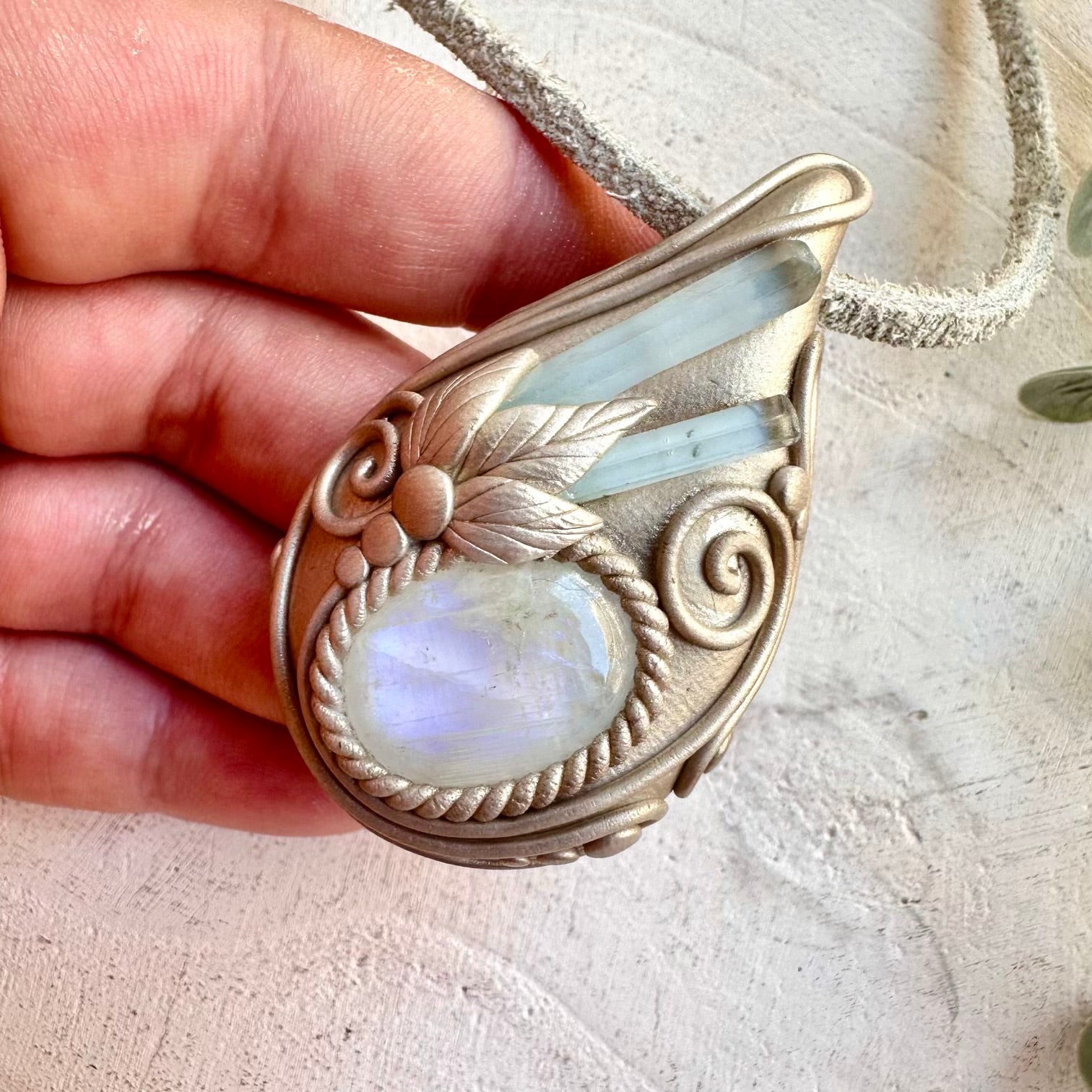 Handmade gemstone necklace aquamarine and rainbow moonstone spiritual jewelry