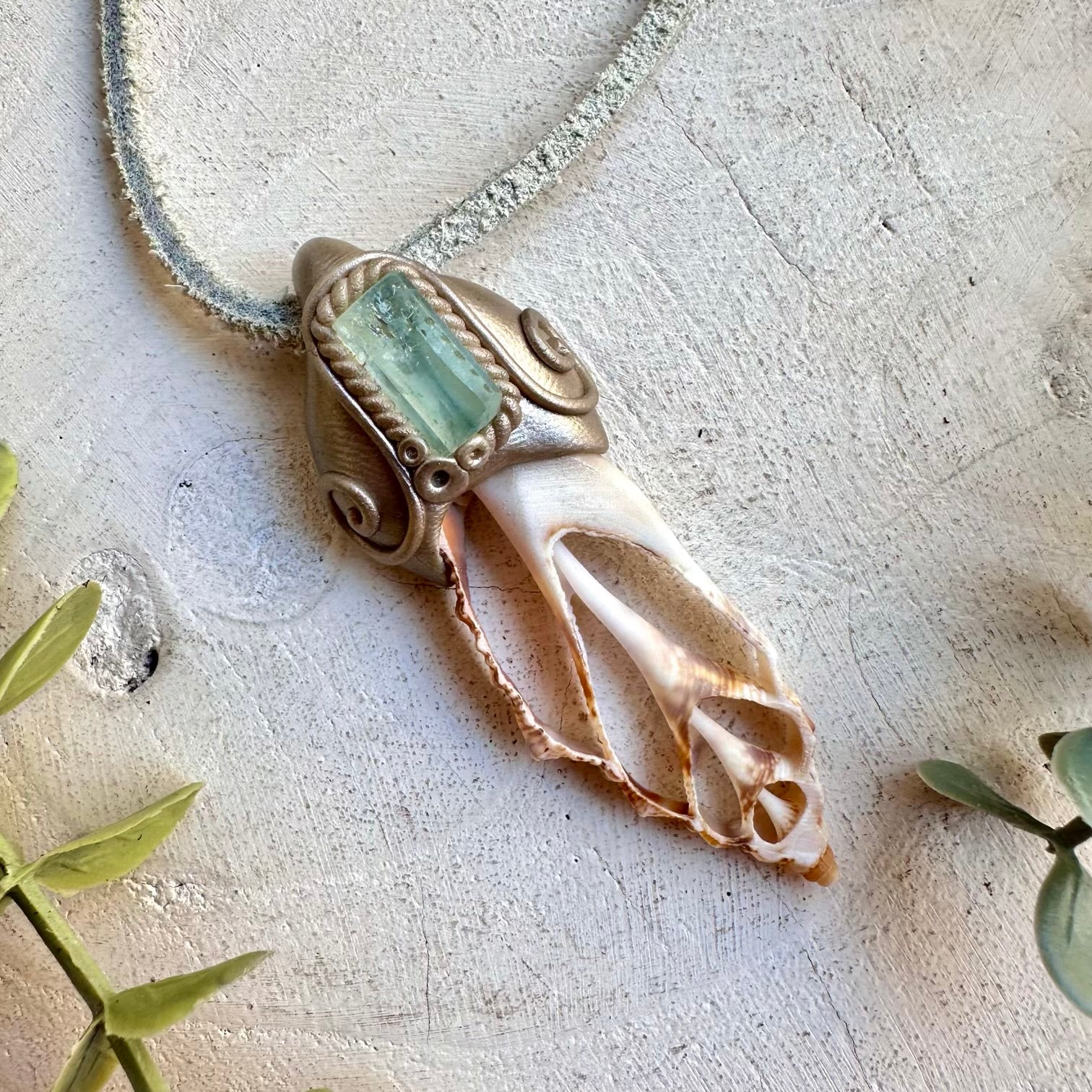 Boho jewelry protection amulet seashell slice aquamarine crystal necklace