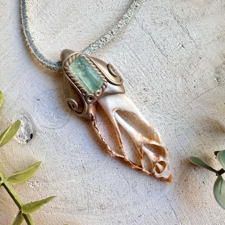 Boho jewelry protection amulet seashell slice aquamarine crystal necklace