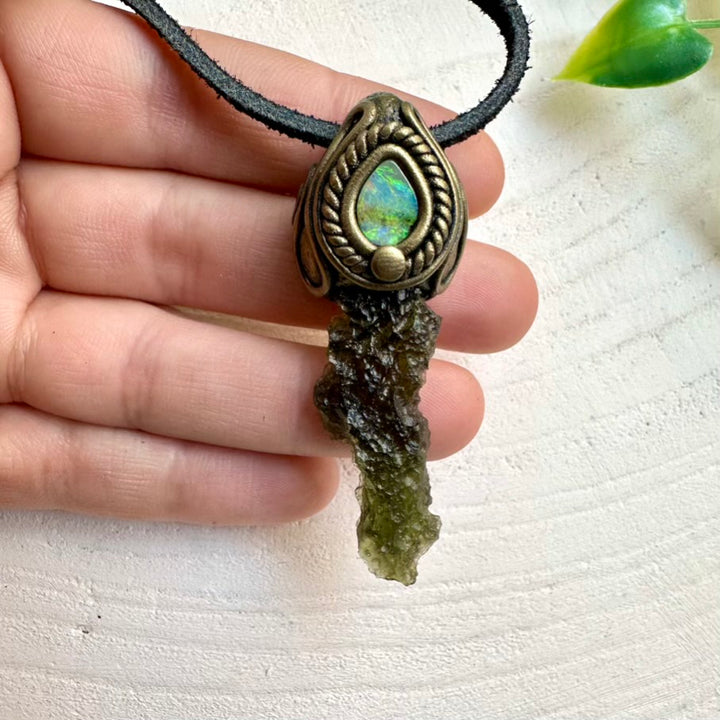 Statement crystal pendant with Moldavite and Boulder Opal