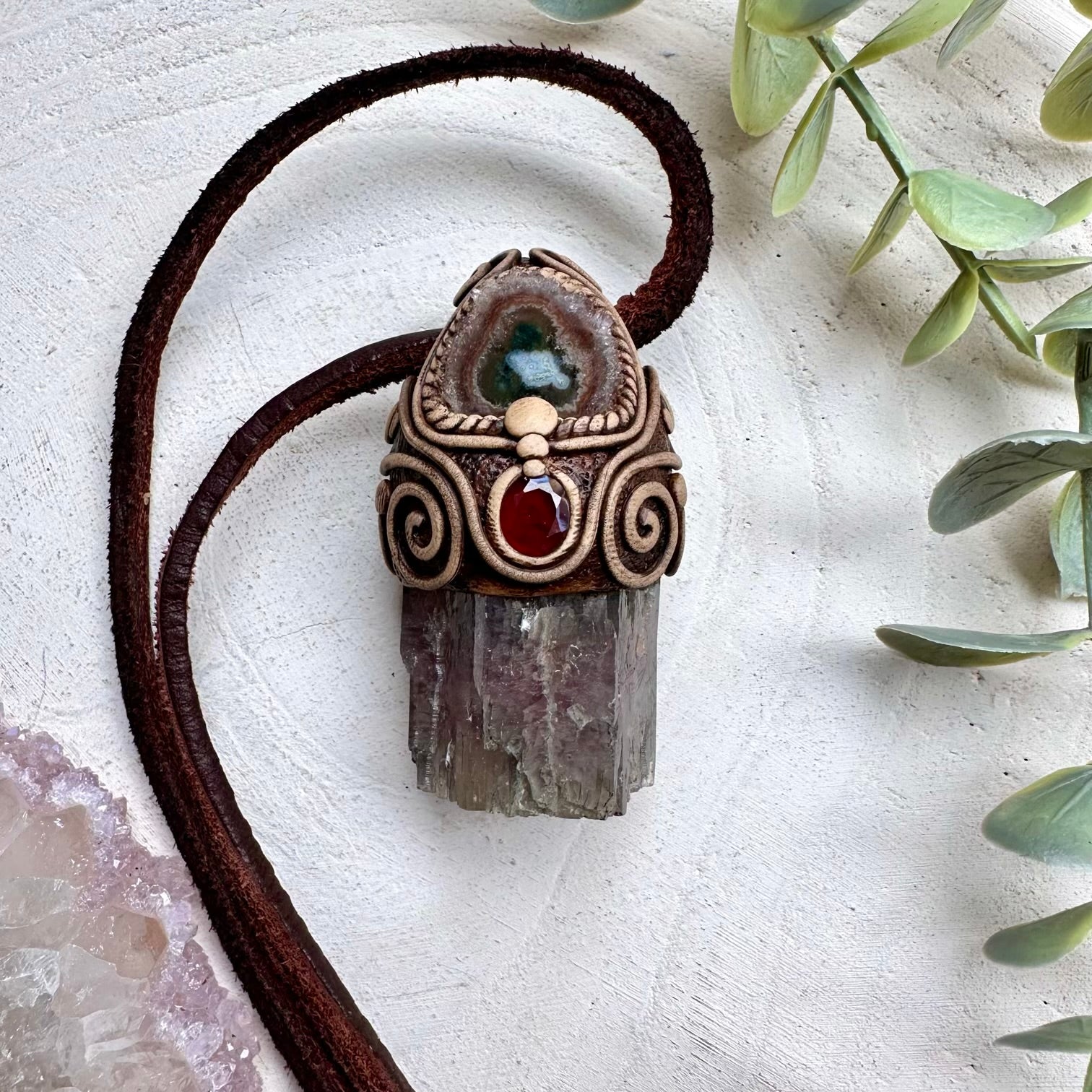 Healing crystal pendant with aragonite amethyst and garnet