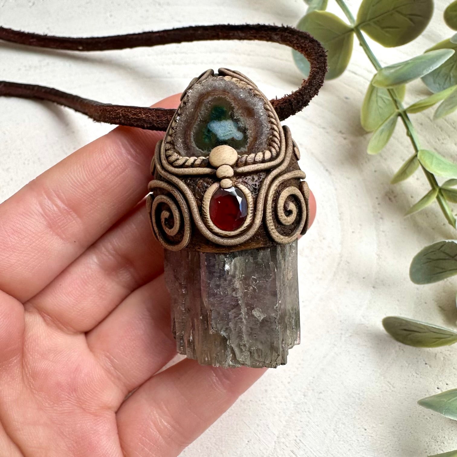 Purple aragonite with amethyst stalactite and red garnet pendant necklace