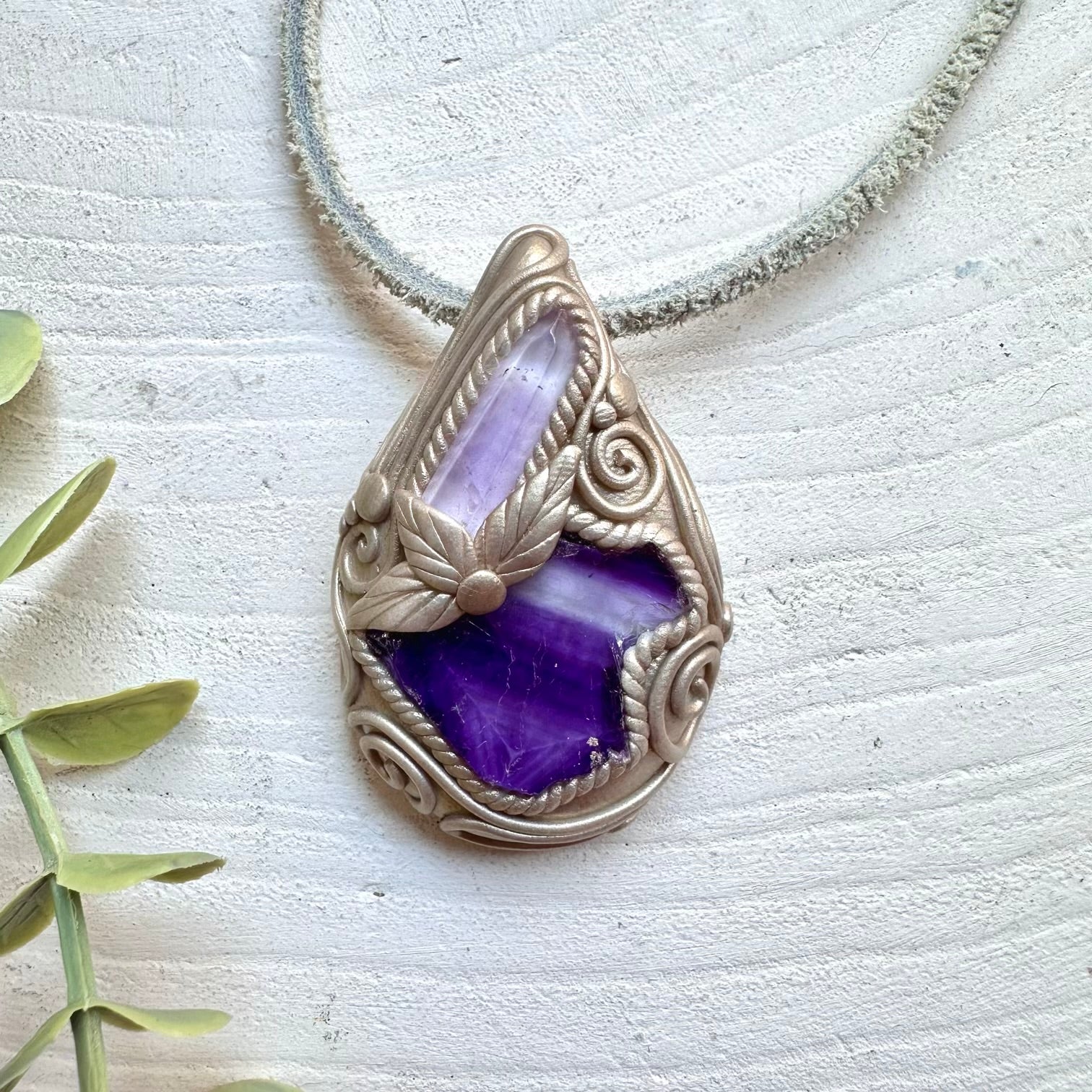 Purple Fluorite and polished Vera Cruz Amethyst pendant necklace handmade boho crystal jewelry