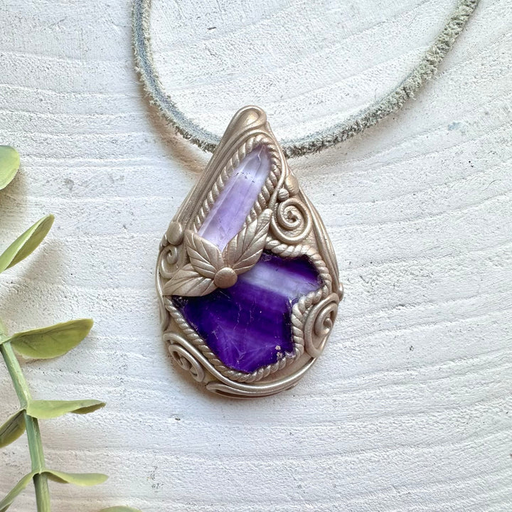 Purple Fluorite and polished Vera Cruz Amethyst pendant necklace handmade boho crystal jewelry