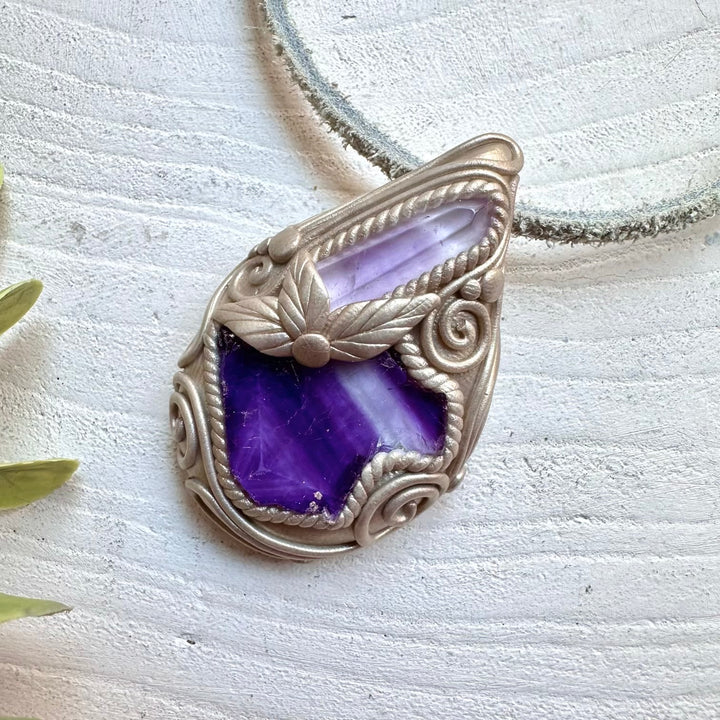 Purple Fluorite and polished Vera Cruz Amethyst pendant necklace