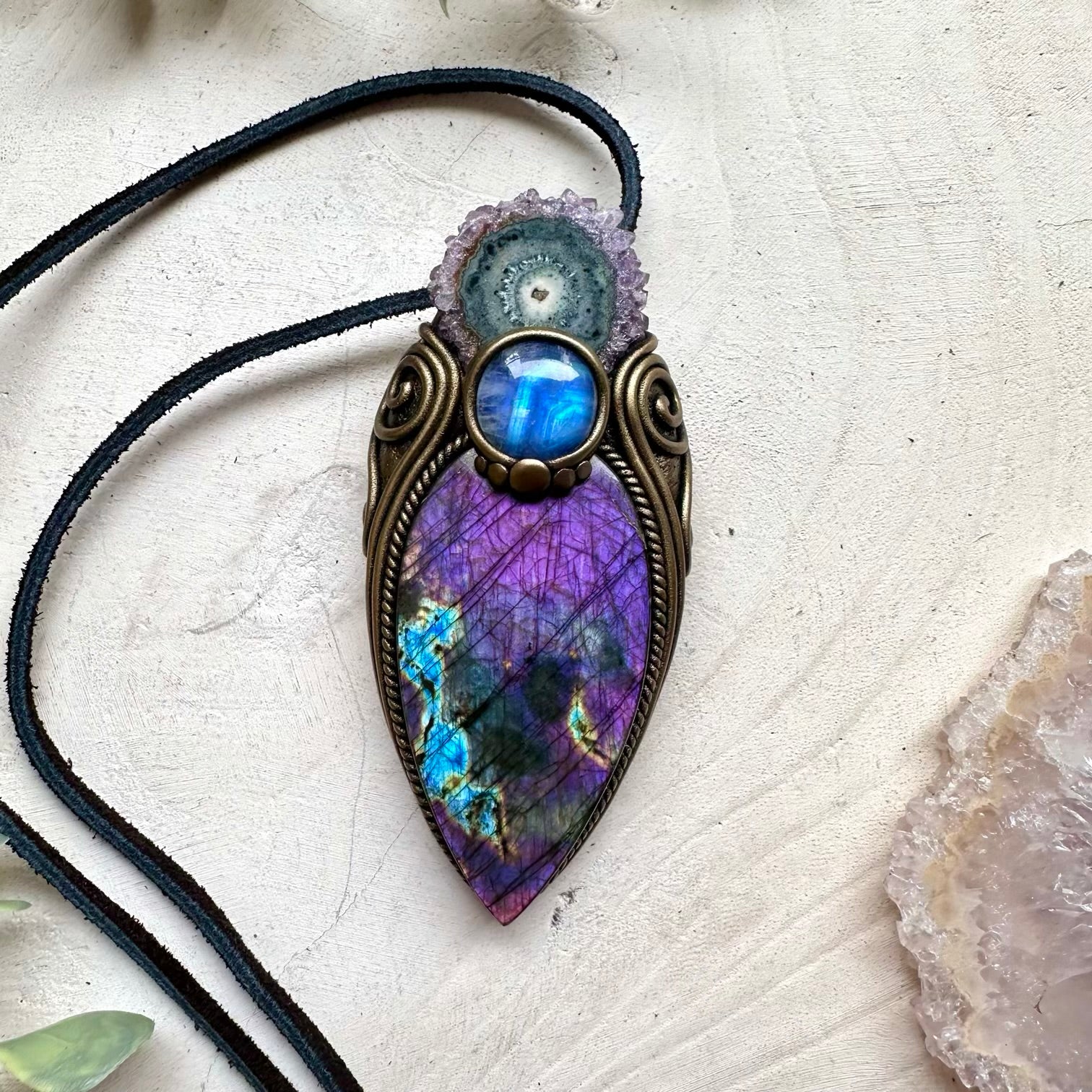 Handmade gemstone necklace with purple labradorite and amethyst stalactite
