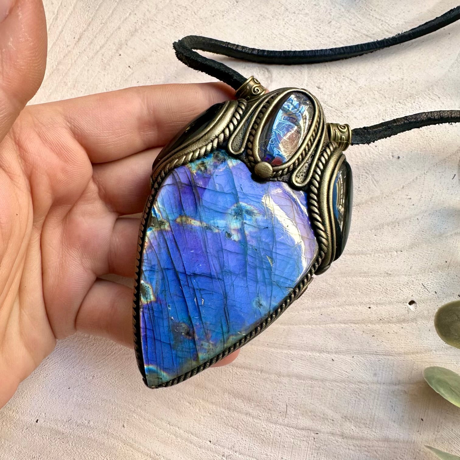 Large purple labradorite boulder opal and onyx necklace for powerful spiritual wear