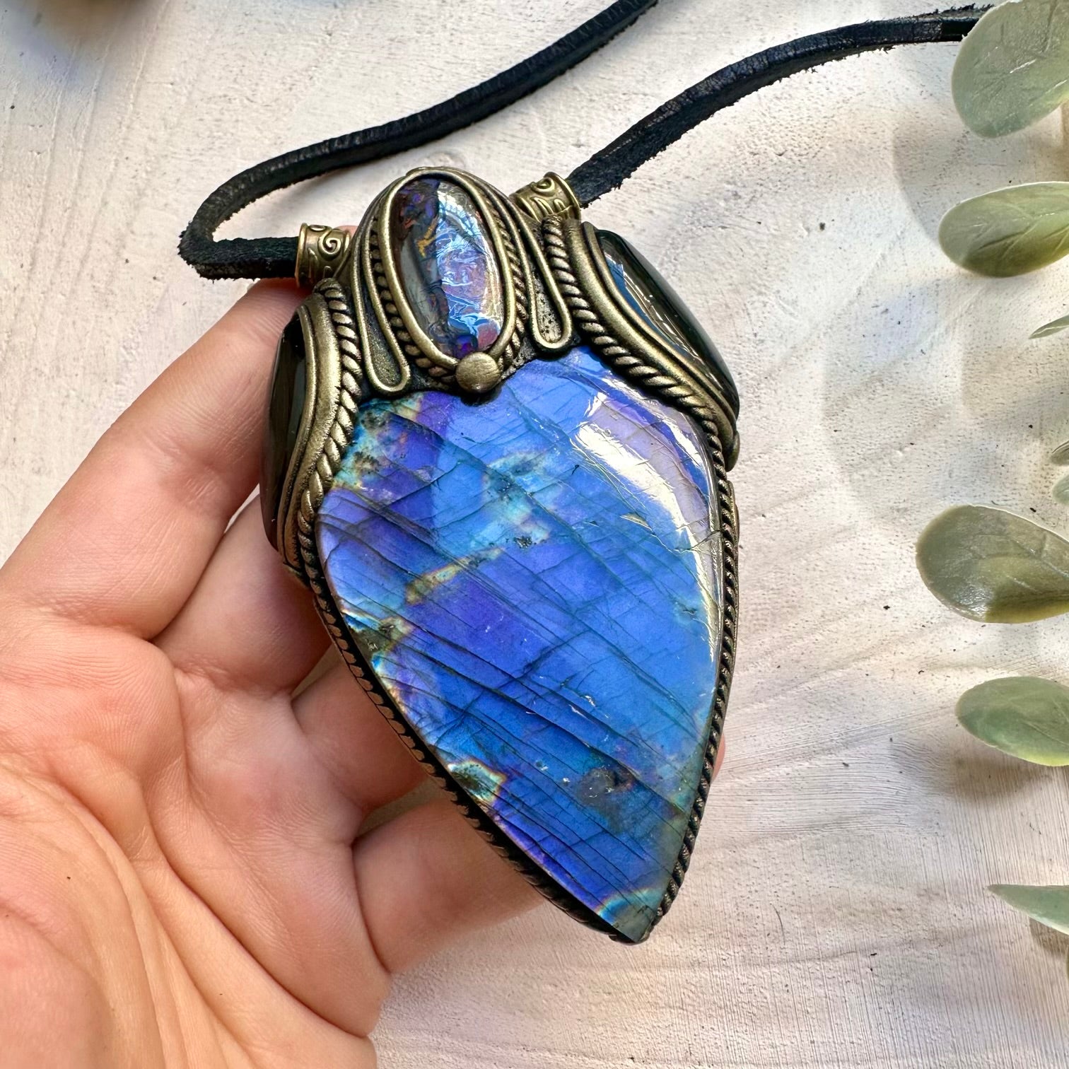 Handmade statement necklace featuring purple labradorite boulder opal and onyx