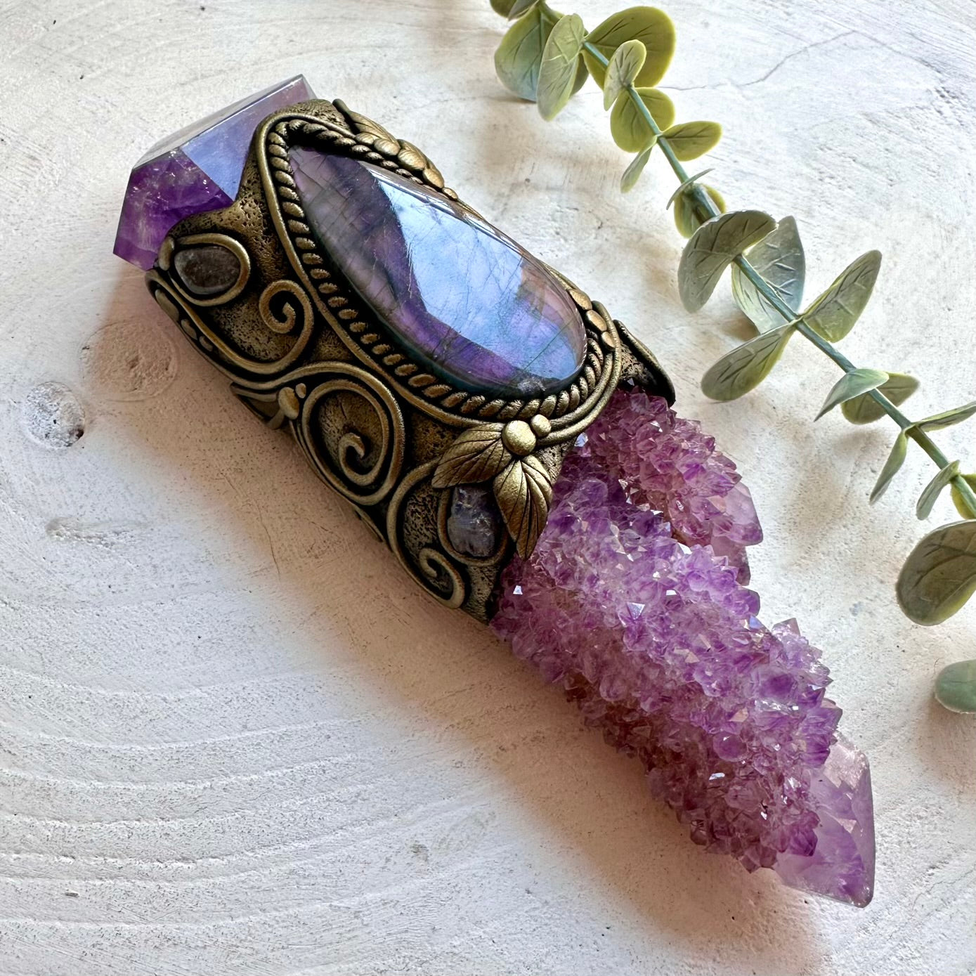Spirit Quartz healing crystal wand handcrafted with Amethyst, Purple Labradorite, Charoite, Tanzanite and Clear Topaz.